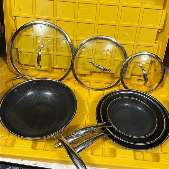 HEXCLAD 7 Piece Nonstick Stainless Steel Frying Pan Set 8 10 12" Lids Wok M $600 - Picture 2 of 10
